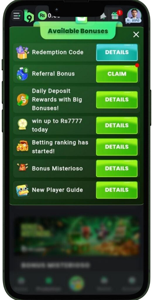 Available Bonuses on B9 Game